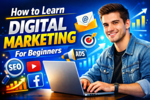 Beginner learning digital marketing with SEO and social media icons