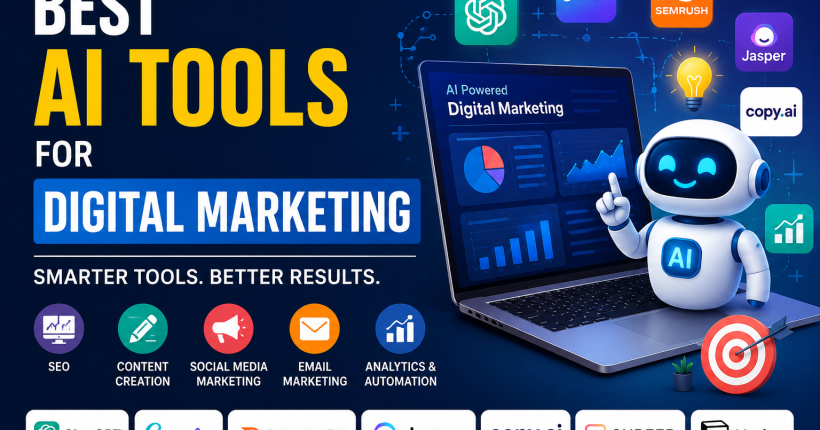 AI tools for digital marketing including ChatGPT, Canva, Semrush, and AI automation tools