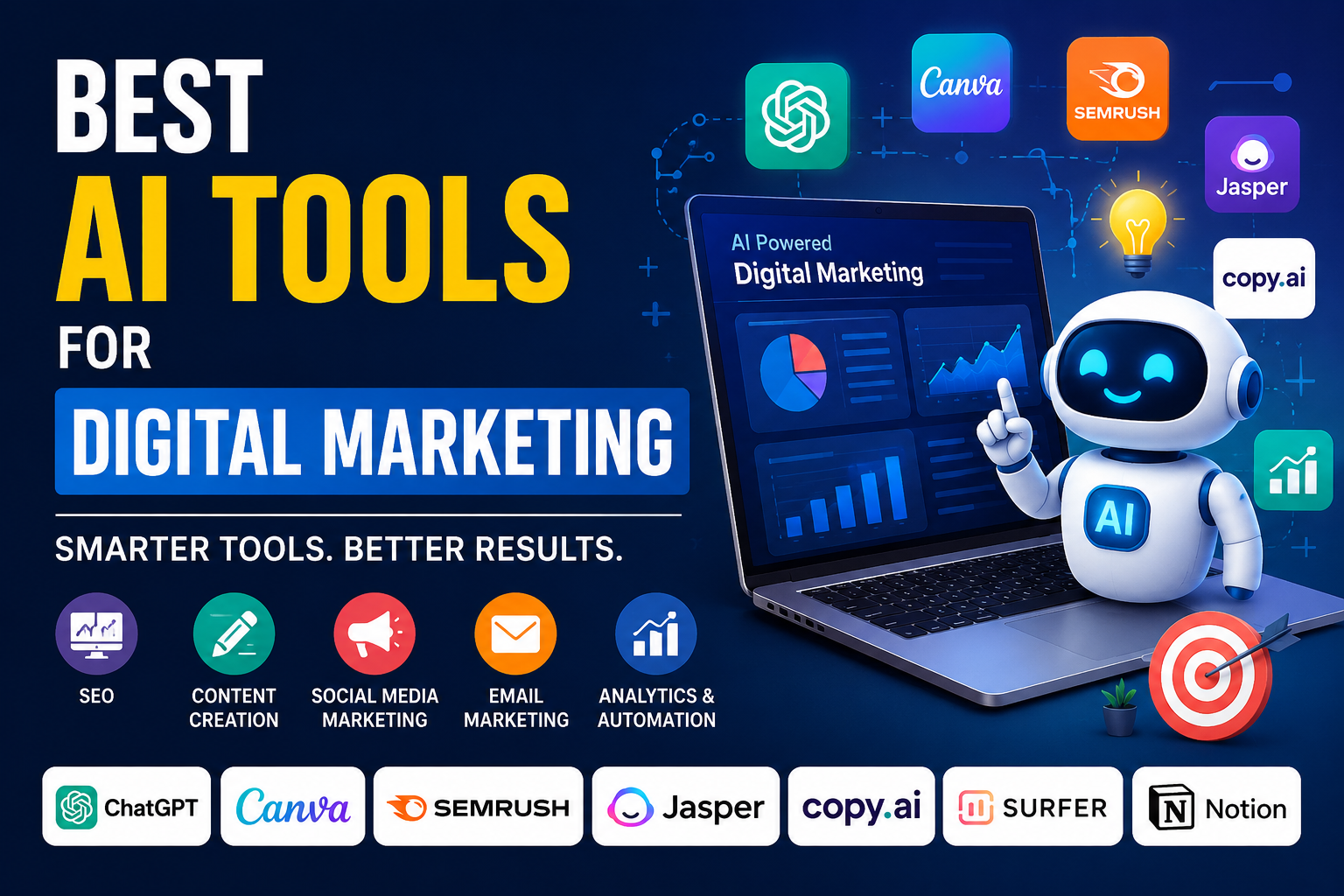AI tools for digital marketing including ChatGPT, Canva, Semrush, and AI automation tools