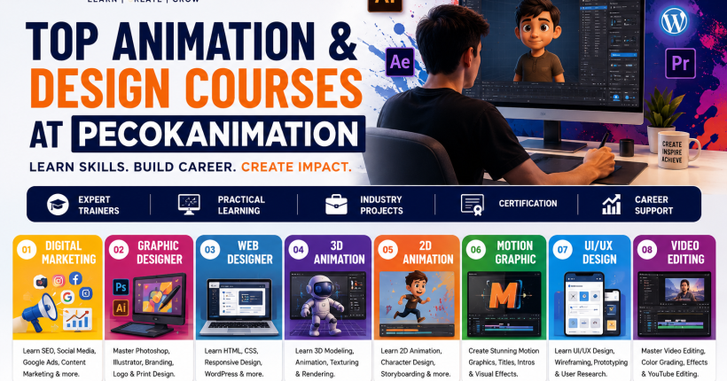 PecokAnimation creative courses including Digital Marketing, Graphic Design, Web Design, 2D and 3D Animation, UI UX Design, Motion Graphics, and Video Editing